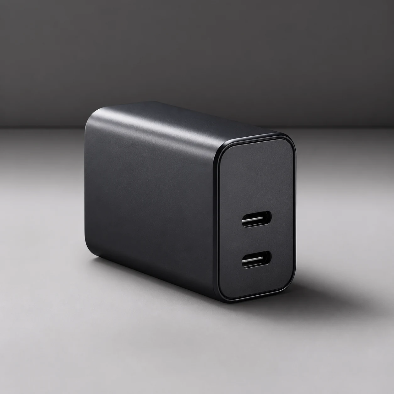 Kompakt siyah, çift USB-C galyum nitrür şarj cihazı